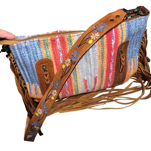 American Darling Bag Woven Fringe Shoulder Bag Floral Leather Strap Multi-Color - Picture 1 of 16